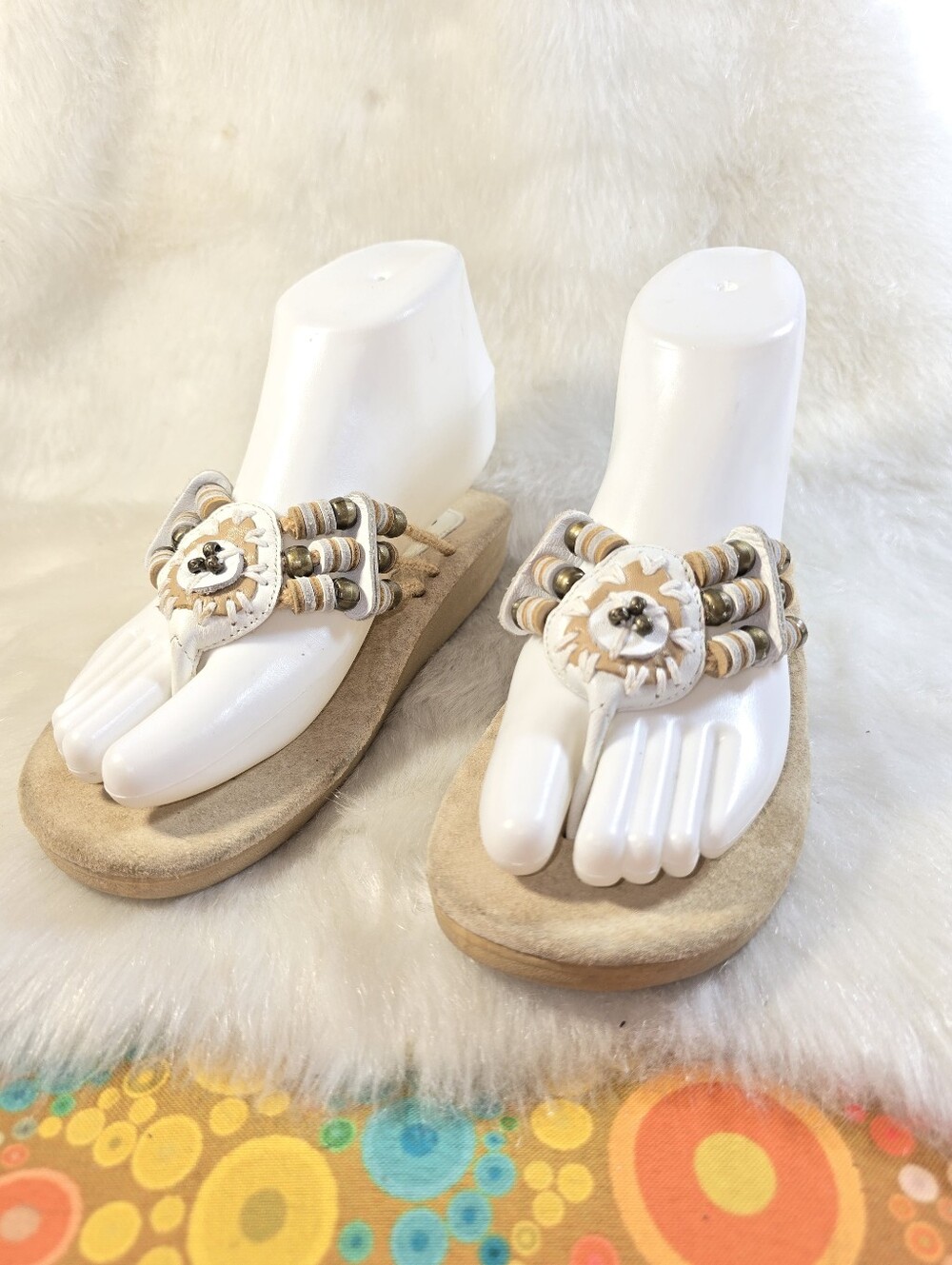 Cherokee Cream & Beige Suede Beaded  Thong/Wedge Sandals - Women